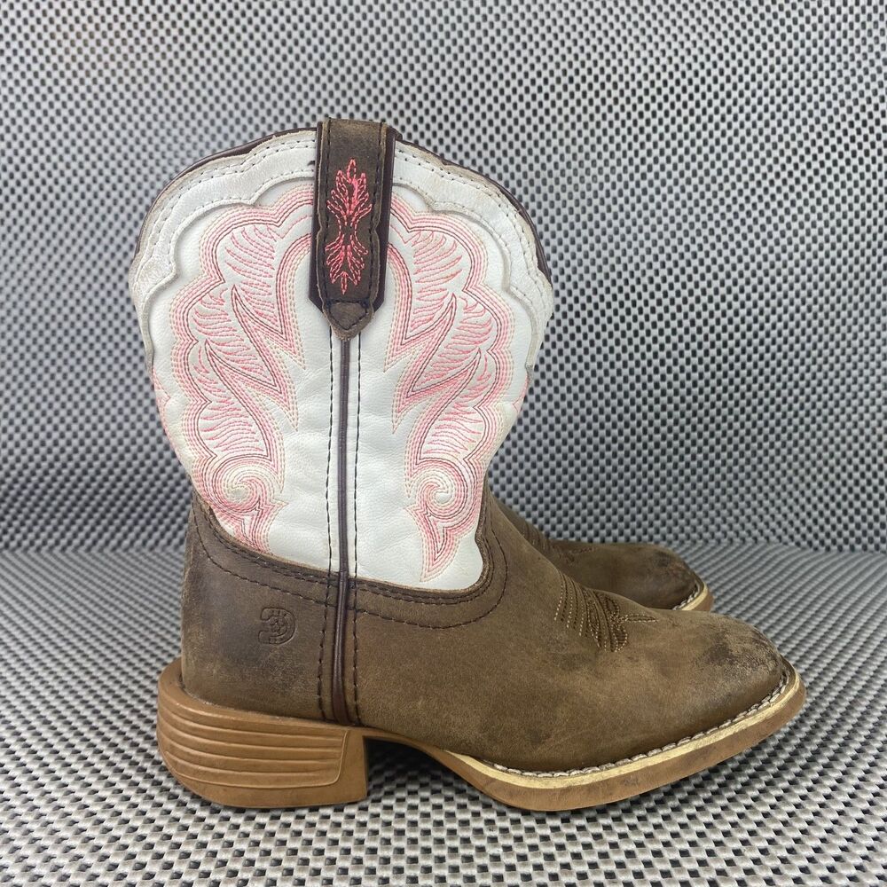 Durango Cowboy 8" Boots Girls Size 12 M Brown White Leather Square Toe Western